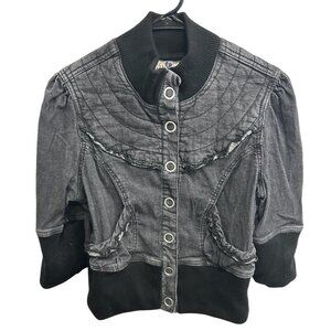 Vintage JoJo Quilted Black Denim Jacket With Button Closure Ribbed Trim Sz XL